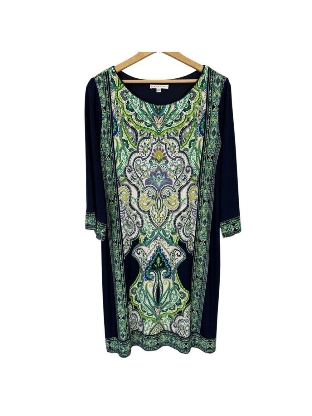 Sandra Darren 3/4 Sleeve Shift Dress Sz 14 Navy Multicolour Floral Paisley EUC